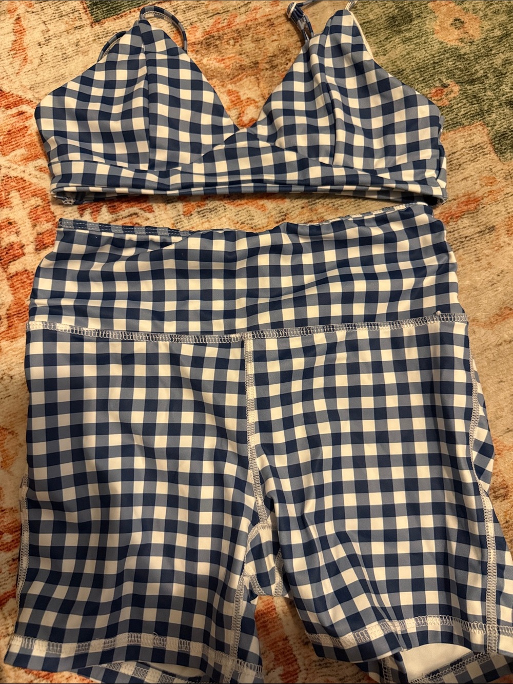 SHEIN Blue and White Gingham Sports Bra & Bike Shorts Set